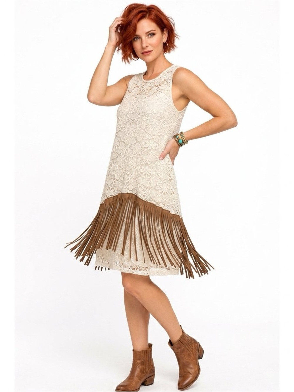Judith March Western Boho Sleeveless White Lace Faux Leather Fringe Dress